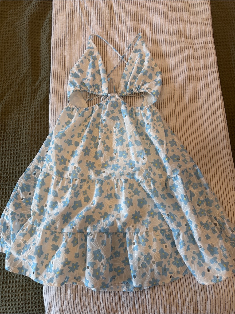 Petal & Pup Light Blue Floral Cutout Tiered Mini Dress
